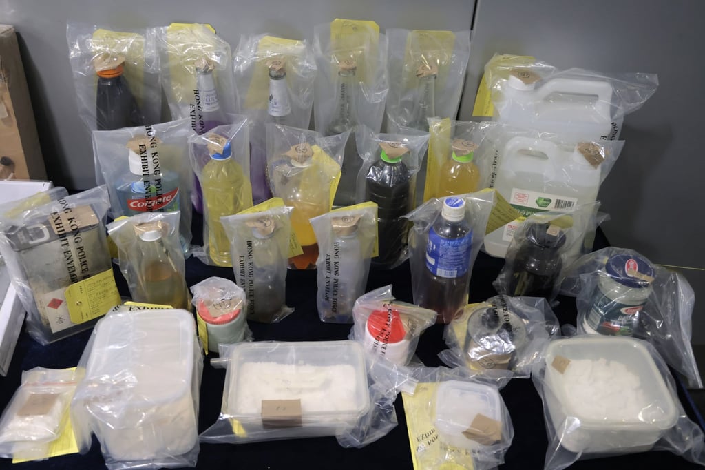 The pair allegedly possessed chemicals that could be used to produce explosives, including ammonium nitrate, hydrogen peroxide, acetone and sulphuric acid. Photo: Jelly Tse