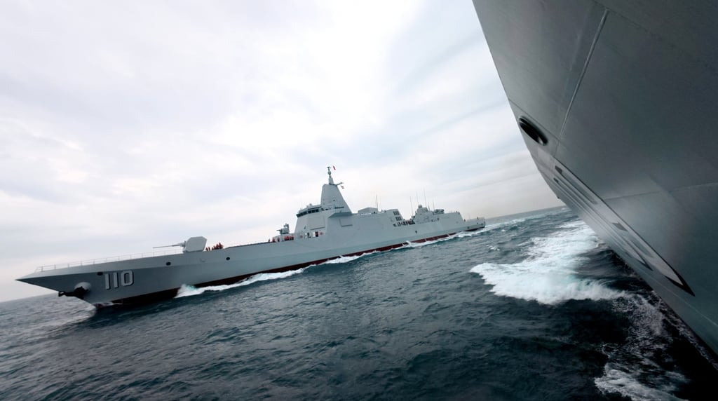 The Anqing, bearing hull number 110, and Dongguan, numbered 109, during the first live-fire training for the new Type 055 destroyers, according to the official PLA Daily. Photo: Handout