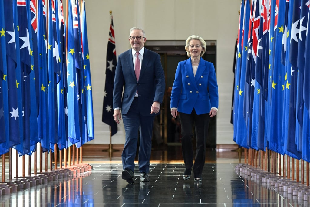 Australian Prime Minister Anthony Albanese and European Commission President Ursula von der Leyen walk together after an address at Parliament House in Canberra on Tuesday. Photo: AAP via Reuters