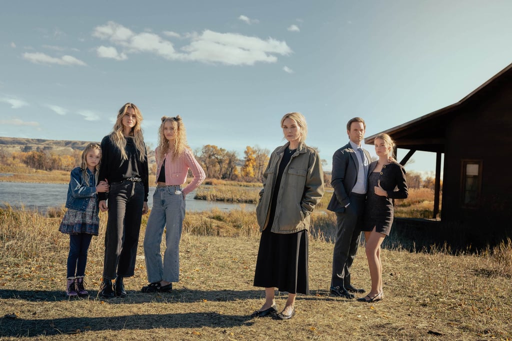 Alaina Pollack as Macy Reese, Beau Garrett as Abigail Reese, Amiah Miller as Bridgett Reese, Michelle Pfeiffer as Stacy Clyburn, Patrick J. Adams as Russell McIntosh and Elle Chapman as Paige McIntosh in The Madison. Photo: Paramount+/TNS