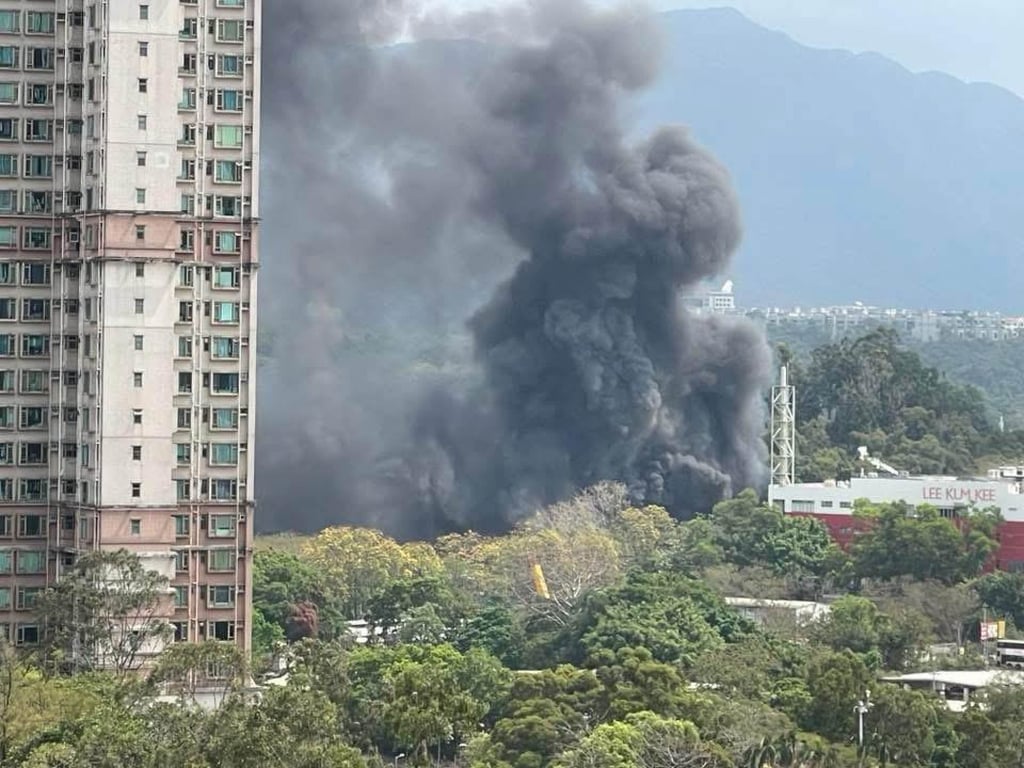 Thick black smoke rises high into the sky above the Tai Po site. Photo: Handout