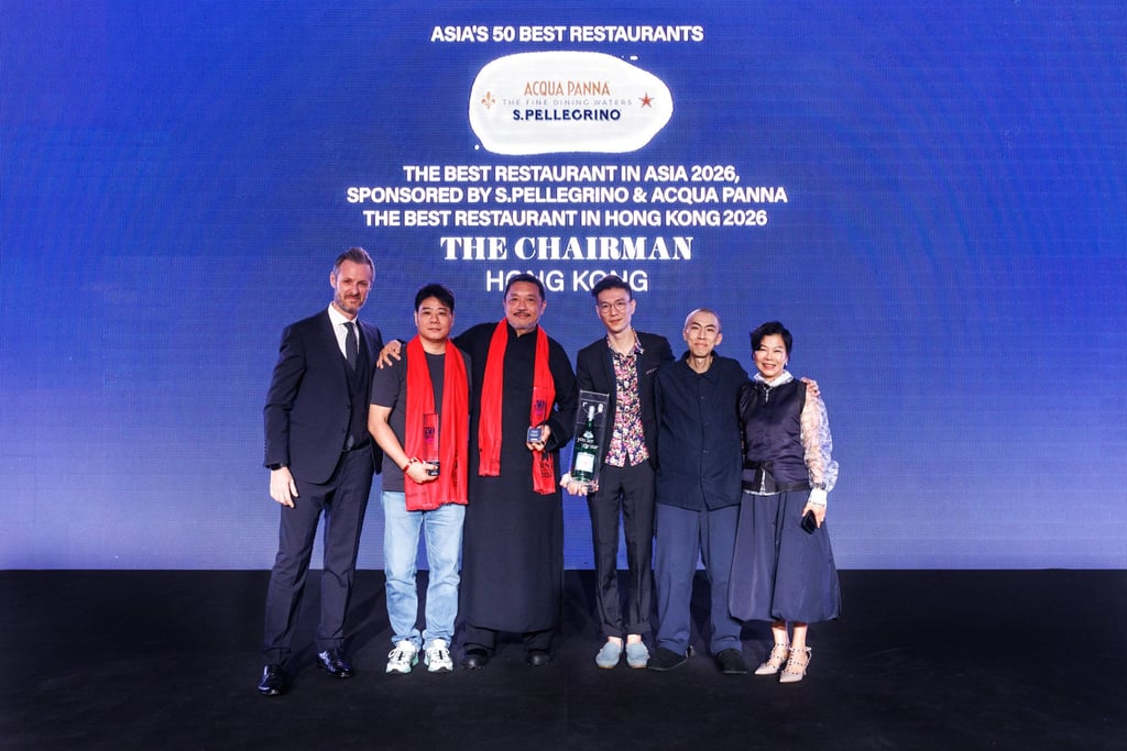 The Chairman team, including Danny Yip (centre), on stage with S.Pellegrino’s representative Giacomo Giacani (far left) to accept the award for placing No 1 on the Asia’s 50 Best Restaurants list. Photo: Asia’s 50 Best Restaurants