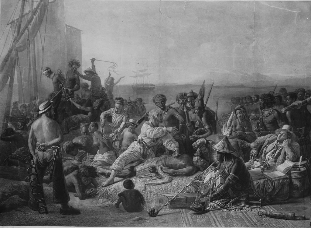 An 1853 illustration depicting slaves and slave traders on the coast of Africa. Photo: Chicago History Museum via Getty Images
