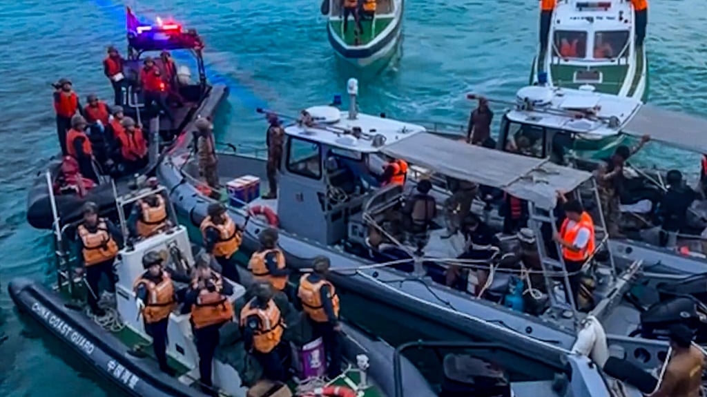 Chinese coastguard personnel aboard inflatable boats block Philippine naval boats during a confrontation at the Second Thomas Shoal in the South China Sea on June 17, 2024. Photo: Armed Forces of the Philippines