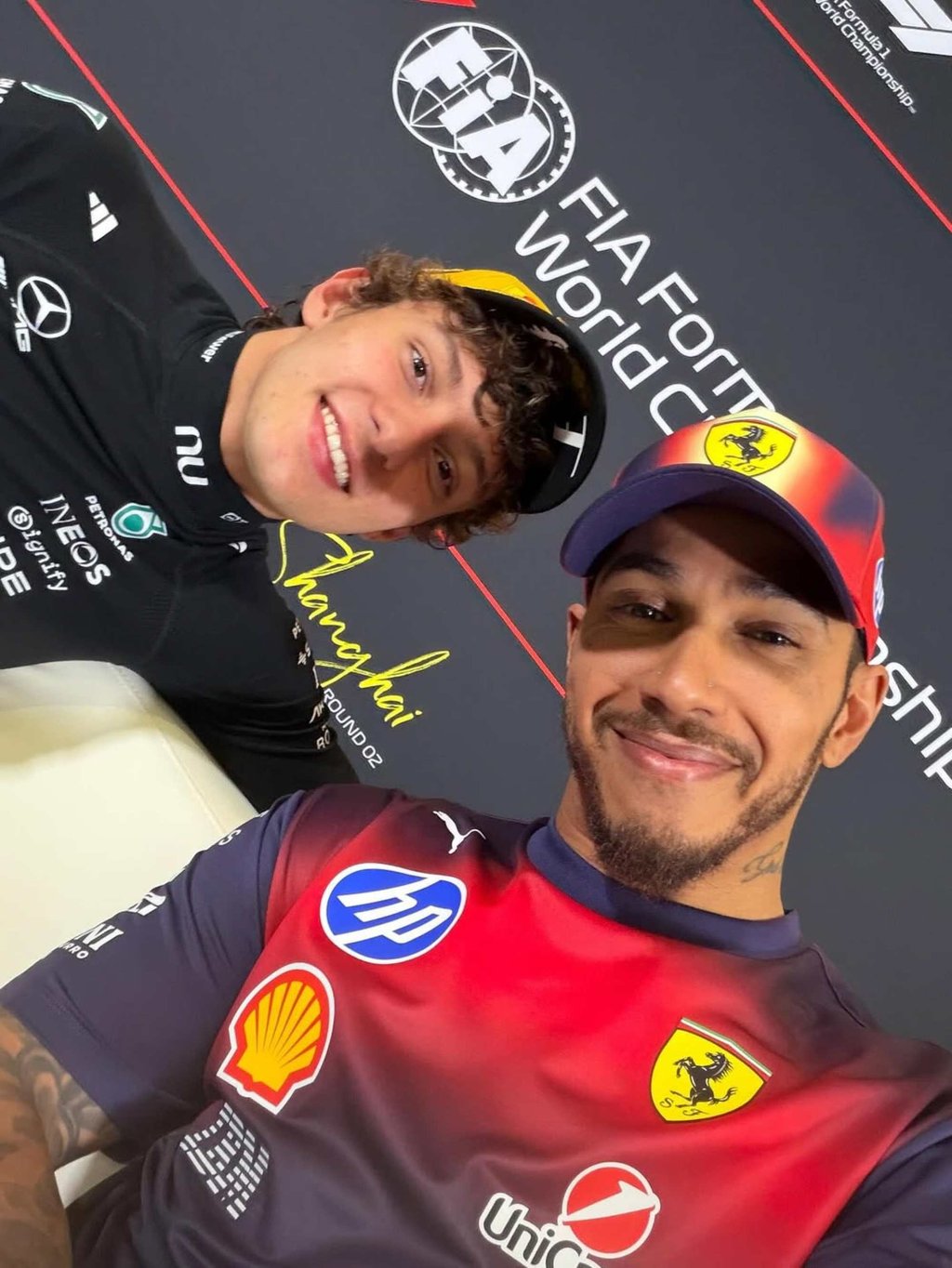 Kimi Antonelli and Lewis Hamilton, who congratulated Kimi on his first win last week. Photo: @lewishamilton/Instagram Kimi Antonelli and Lewis Hamilton, who congratulated Kimi on his first win last week. Photo: @lewishamilton/Instagram