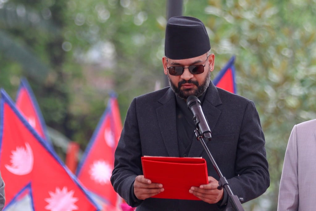 Balendra Shah is sworn in as Nepal’s prime minister during a ceremony in Kathmandu on Friday. Photo: Xinhua
