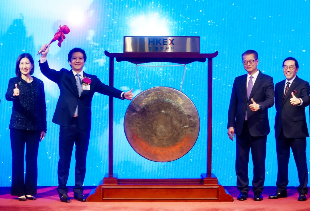 The Biren Technology listing ceremony at HKEX, showing CEO Zhang Wen (second from left) and Financial Secretary Paul Chan Mo-po (second from right), on January 2, 2026. Photo: Jonathan Wong The Biren Technology listing ceremony at HKEX, showing CEO Zhang Wen (second from left) and Financial Secretary Paul Chan Mo-po (second from right), on January 2, 2026. Photo: Jonathan Wong