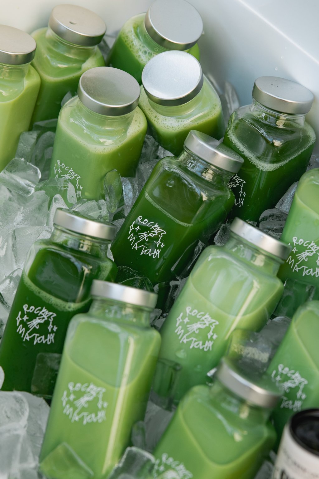 Bottles of Rocky’s Matcha are seen at the Felix Art Fair 2026 in Los Angeles. Photo: Rocky’s Matcha