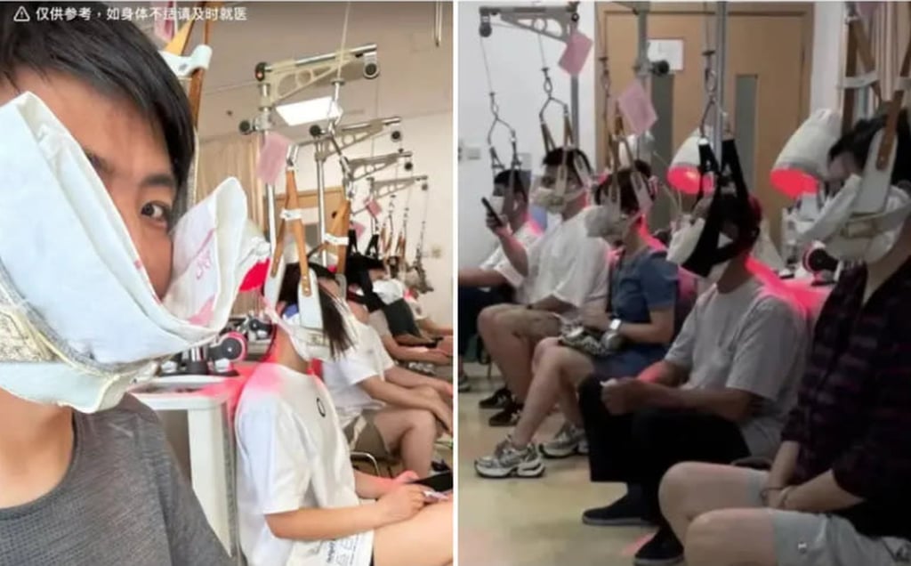 Groups of young people take part in organised sessions of neck hanging. Photo: Weibo