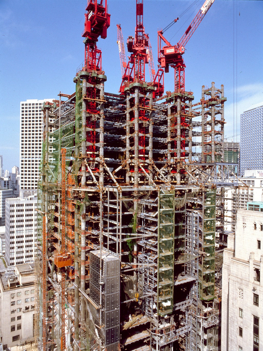 February 1984 and secondary construction is closely following that of the main structure. Emergency stairs continue to climb and module installation is proceeding. Photo: Ian Lambot February 1984 and secondary construction is closely following that of the main structure. Emergency stairs continue to climb and module installation is proceeding. Photo: Ian Lambot