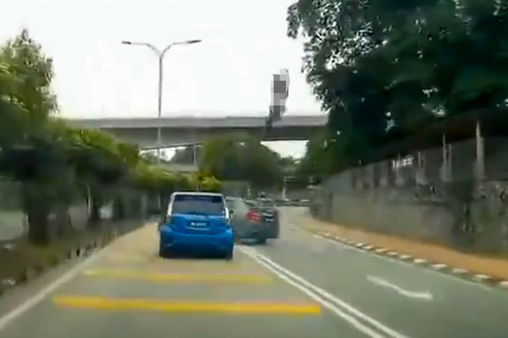 The horrific car crash in Klang, Malaysia, on Sunday. The driver was believed to have driven against the flow of traffic before his car collided with Amirul Hafiz Omar’s motorcycle. Photo: Handout