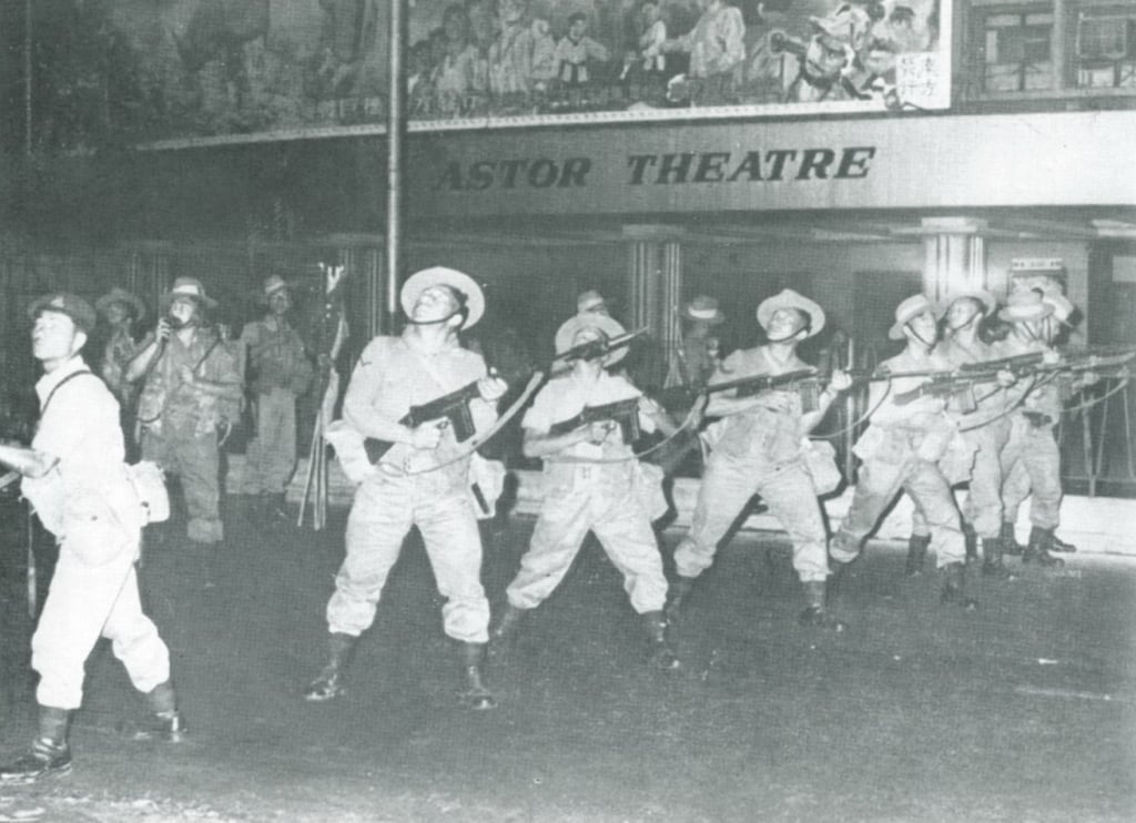 British Army Gurkha soldiers on riot control duty at Nathan Road, Kowloon, during the Star Ferry Riots, in April 1966.