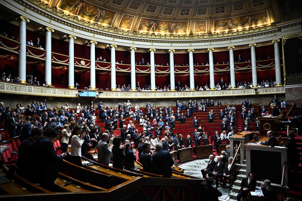 French MPs cheer after learning that Cecile Kohler and Jacques Paris are free and on their way to France after being detained for three and a half years in Iran, during a session of the French National Assembly, the French parliament in Paris on Tuesday. Photo: AFP