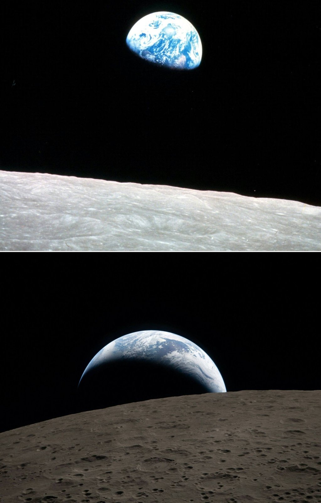 The iconic ‘Earthrise’ captured by the Apollo 8 crew on December 24, 1968 (top), contrasted with the historic ‘Earthset’ photographed from the Orion spacecraft on April 6, 2026 (bottom). Photos: Nasa via AFP The iconic ‘Earthrise’ captured by the Apollo 8 crew on December 24, 1968 (top), contrasted with the historic ‘Earthset’ photographed from the Orion spacecraft on April 6, 2026 (bottom). Photos: Nasa via AFP