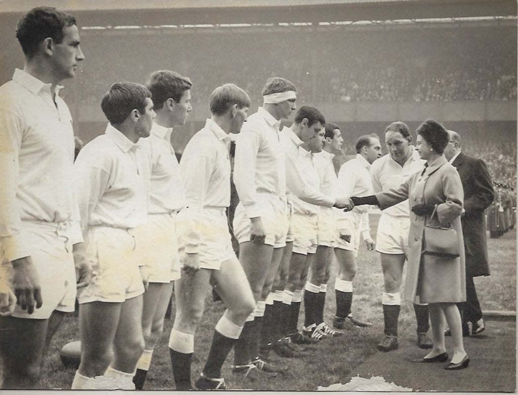 Before the England vs All Blacks Match at Twickenham, 1967. Queen Elizabeth was introduced to the England Team. Lloyd was 3rd from the end waiting to be introduced. Photo: Courtesy of Bob Lloyd