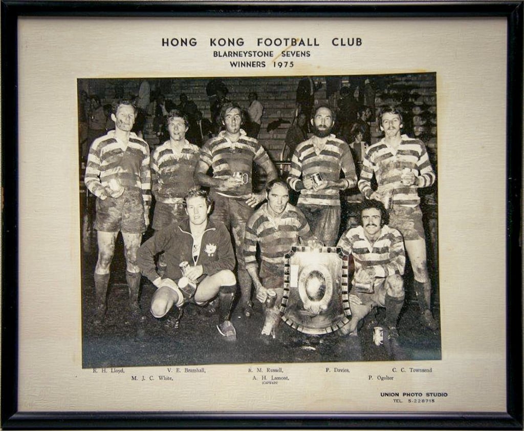 An old photo of the JKFC team that won the Blarney Stone Sevens in 1975. Lloyd (Back row on the far left) and the team players were covered in mud as the pitch was very muddy. Photo: Courtesy of Bob Lloyd and HKFC