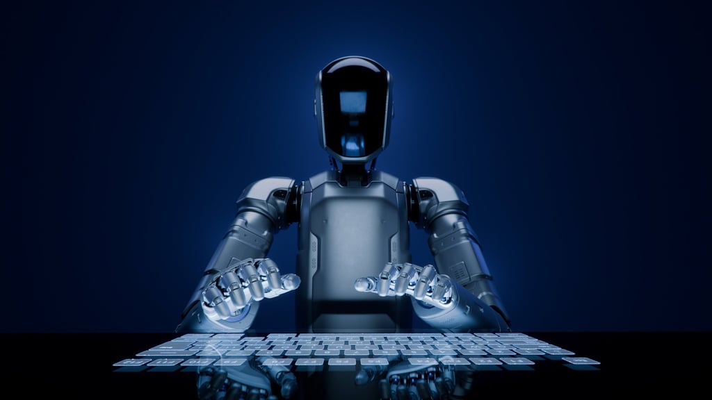 An artificial intelligence powered humanoid robot with a glass visor types on a futuristic touch keyboard. Photo: Getty Images