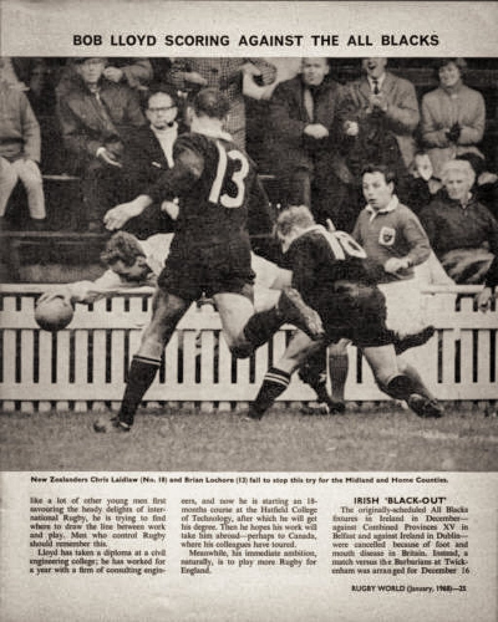 Lloyd scoring his first try against the All Black’s, 1967, with Chris Laidlaw in attendance with support from Brian Lochore. Photo: Courtesy of Bob Lloyd