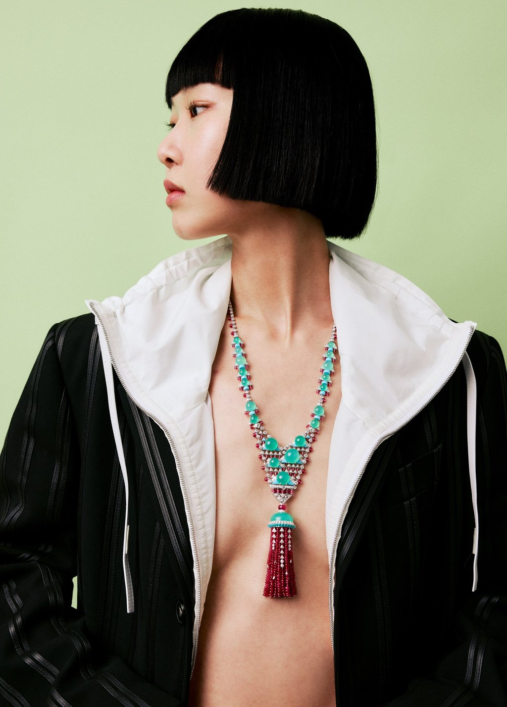 Necklace: Cartier. Jackets: Tod’s