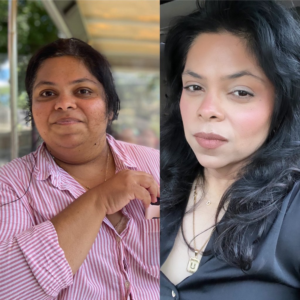 Wingfield in 2021 (left), and a recent photo, after she vowed to take care of herself for her daughter’s sake and lost nearly 40kg. Photo: Keya Wingfield
