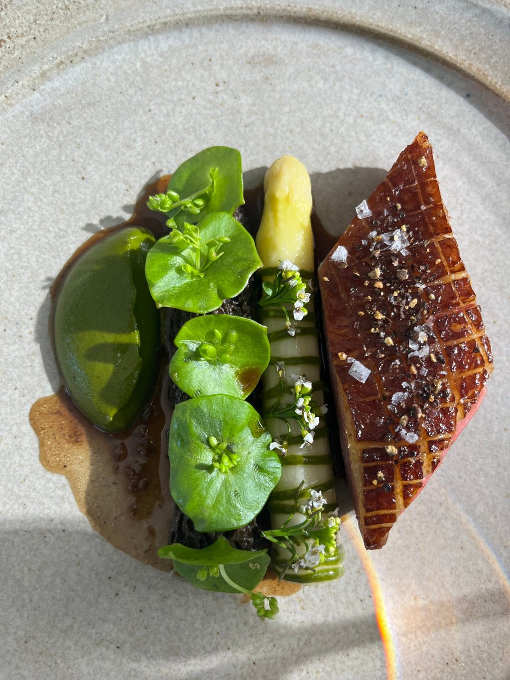 Poached and pickled white asparagus with smoked duck breast at Vancouver’s Botanist restaurant. Photo: Hector Laguna