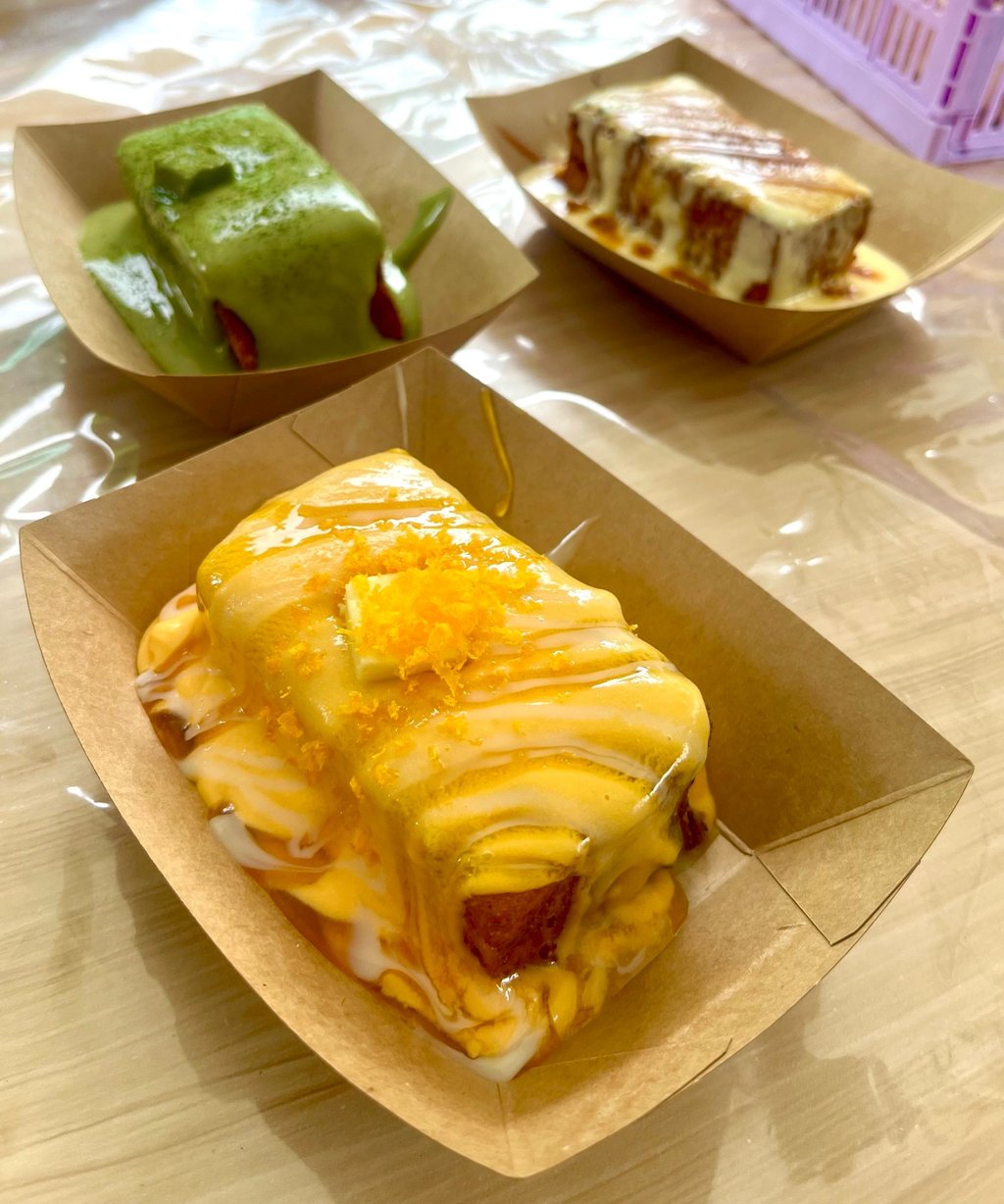 Cantoast’s Hong Kong-style French toast comes cloaked in luxurious toppings such as golden salted egg yolk sauce, pandan coconut and crème brûlée. Photo: Cantoast