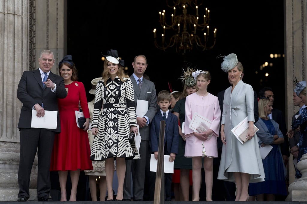 Britain’s now-disgraced former prince Andrew, Princess Eugenie of York, Princess Beatrice of York, Prince Edward, Earl of Wessex, James, Louise Windsor and Sophie, Countess of Wessex, leave after attending a national service of thanksgiving for the 90th birthday of Britain’s Queen Elizabeth at St Paul’s Cathedral in London, in 2016. Photo: AFP