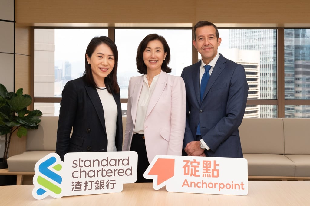 From left, Rose Kay, COO and head of the CEO office at Standard Chartered Hong Kong, Mary Huen, CEO of Hong Kong, Greater China and North Asia for Standard Chartered, and Dominic Maffei, CEO of Anchorpoint, pictured after the announcement on Friday. Photo: Handout