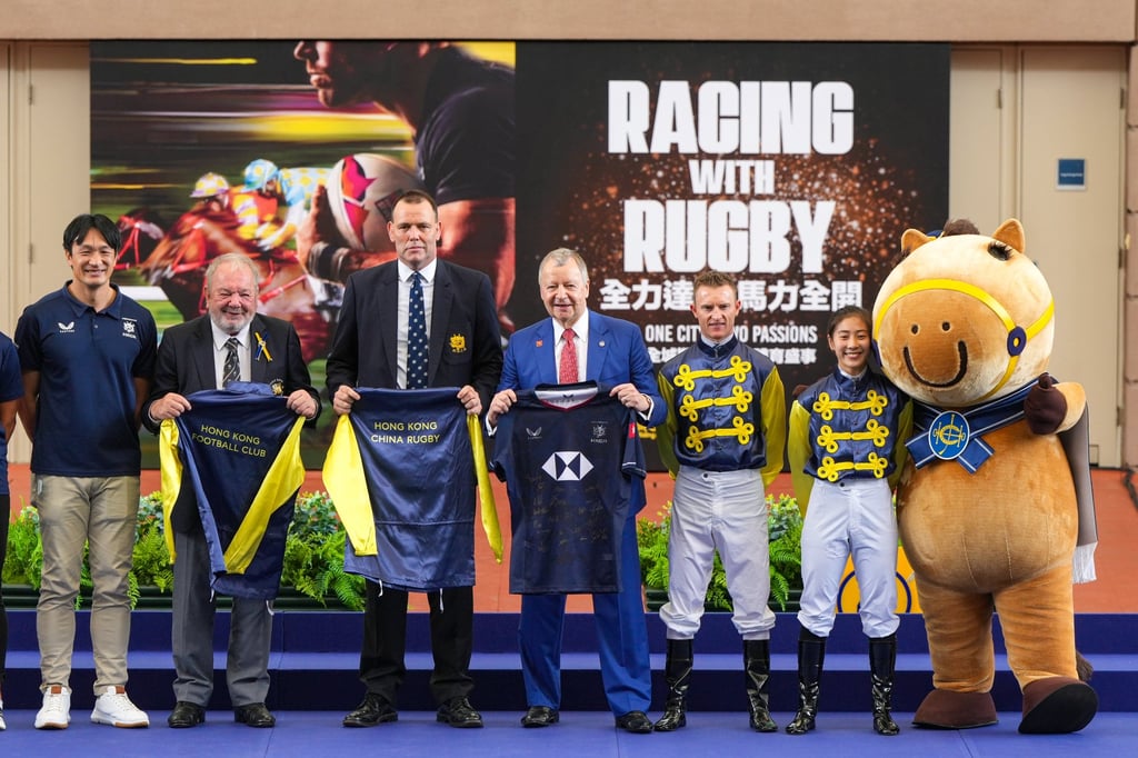 Hong Kong China Rugby chairman Chris Brooke and Jockey Club CEO Winfried Engelbrecht-Bresges (centre) flanked by (from left) Sevens Ambassador Salom Yiu, Football Club president Nicholas Hunsworth, and jockeys Zac Purton and Britney Wong. Photo: Sam Tsang