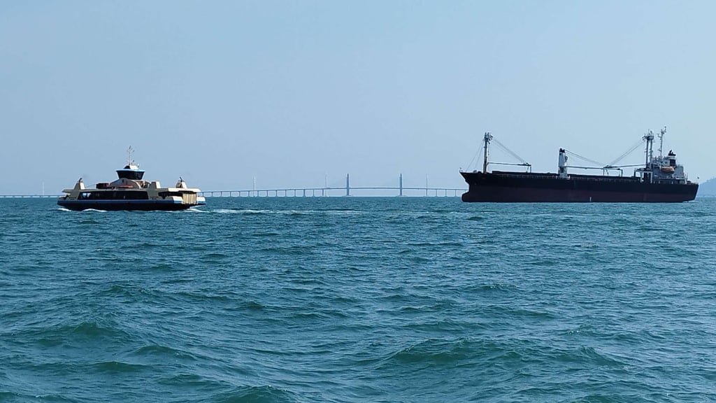A ferry sails past a cargo ship anchored off Penang island. Photo: Ivy Ong