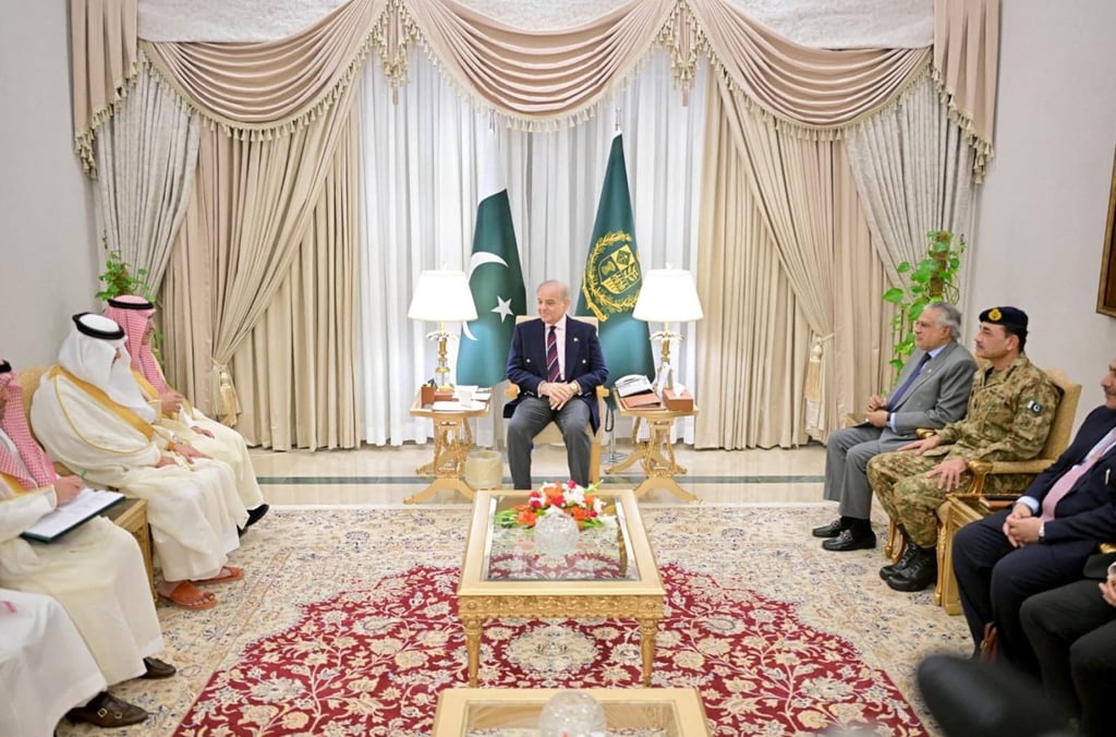 Pakistan’s Prime Minister Shehbaz Sharif and Chief of Army Staff Asim Munir during the meeting with Saudi Arabia’s Finance Minister Mohammed bin Abdullah al-Jadaan in Islamabad on Saturday. Photo: Press Information Department / Handout via Reuters