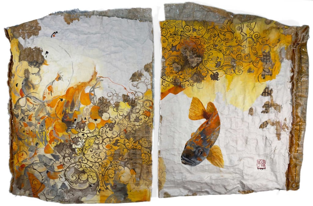 A mixed-media piece Nissa Kauppila made in 2025, painted on discarded materials found on the beach near her home on Hong Kong’s Lantau Island. Photo: Nissa Kauppila
