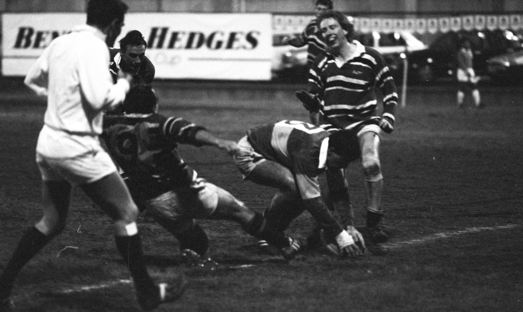 Hong Kong’s Andy Black races in for the decisive score in the first final against Askeans RFC. Photo: Sam Chan