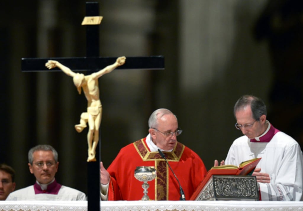 Pope Francis wearing vestments by Filippo Sorcinelli’s atelier LAVS on his 2024 visit to Indonesia, Papua New Guinea, East Timor and Singapore. Photo: Handout