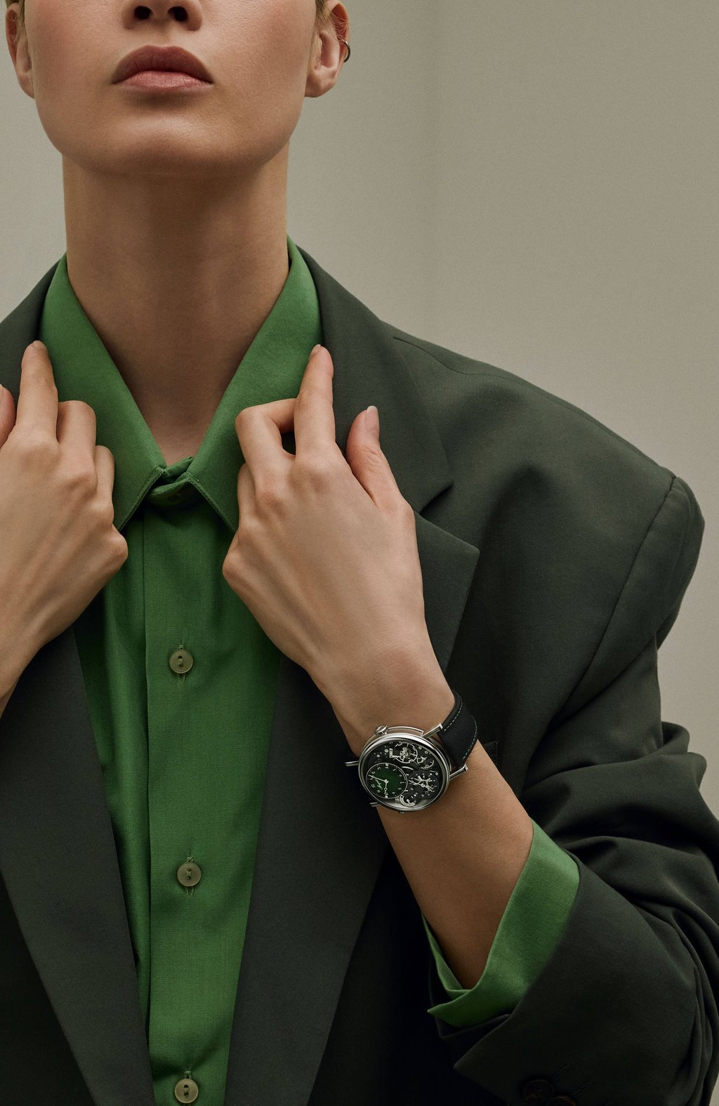 The hours dial of the Breguet Tradition GMT 7067 features a green gradient in grand feu enamel. Photo: Handout