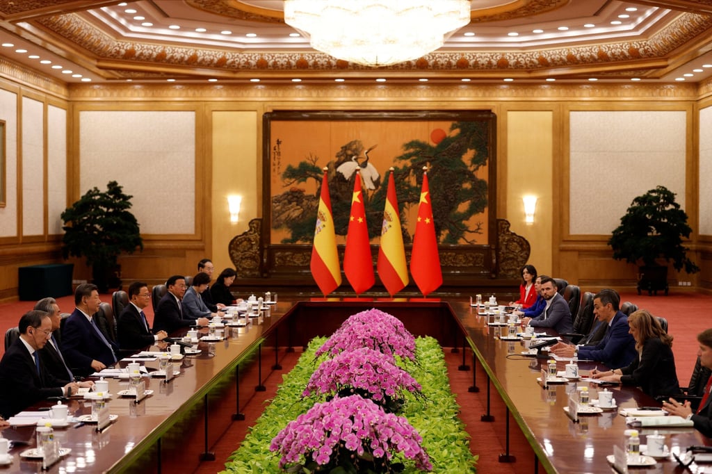 China’s President Xi Jinping and Spain’s Prime Minister Pedro Sanchez attend a meeting at the Great Hall of the People in Beijing on Tuesday. Photo: Reuters