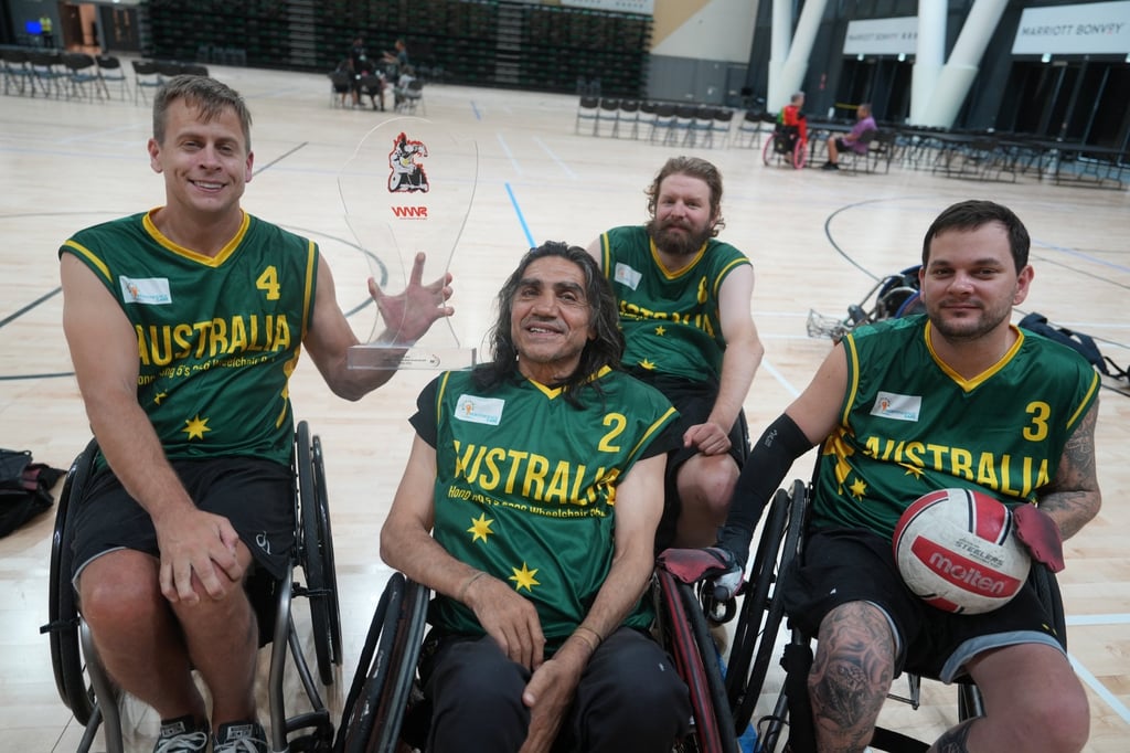 Jake Howe (right) with Australian teammates (from left) Josh Hose, Nazim Erdem and Benjamin Fawcett after winning the Hong Kong 5s at Kai Tak Arena. Photo: Sam Tsang