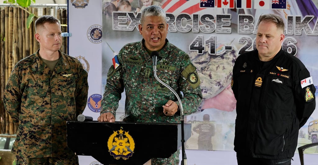 Military spokesmen from (from left) the US, Philippines and Canada chair a briefing on the coming Balikatan joint military exercise on Tuesday. Photo: EPA Military spokesmen from (from left) the US, Philippines and Canada chair a briefing on the coming Balikatan joint military exercise on Tuesday. Photo: EPA