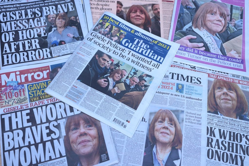 The front pages of British newspapers in London in December 2024 have headlines about the Gisele Pelicot rape case. Photo: AP