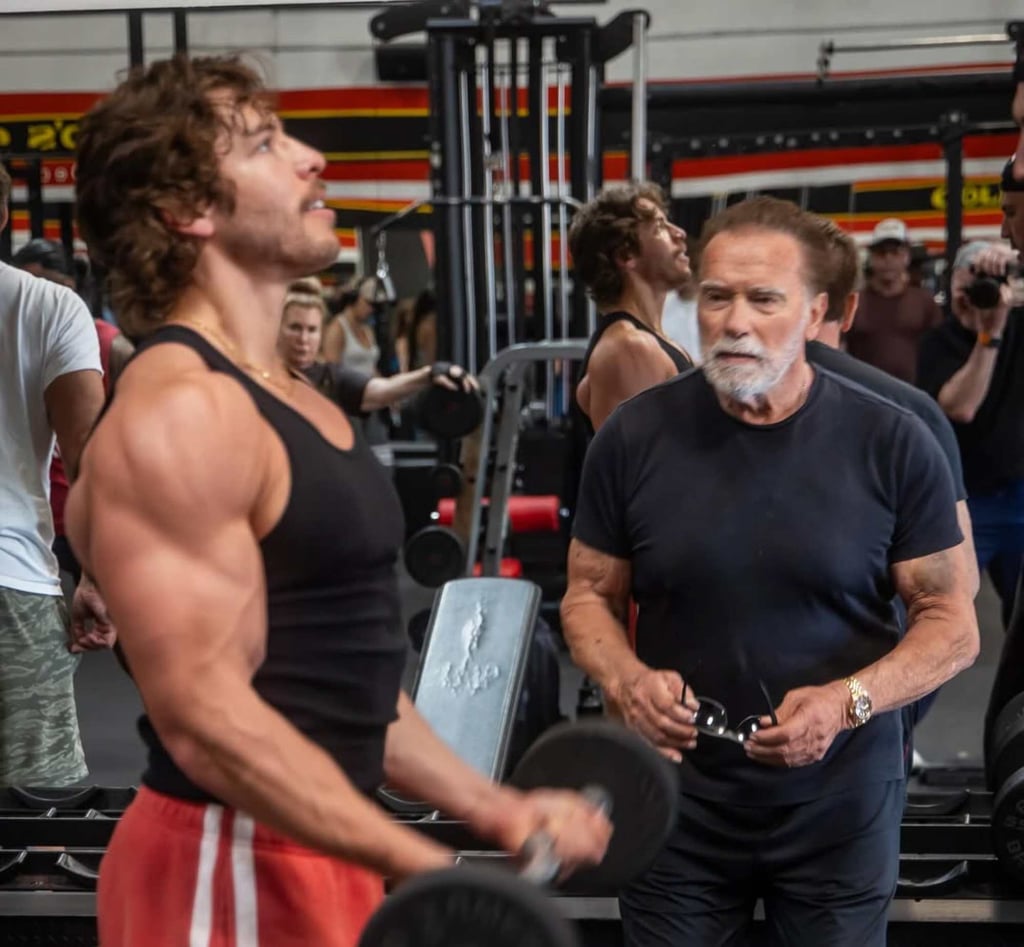 Joseph Baena training with his father, Arnold Schwarzenegger, in March. Photo: @joebaena/Instagram