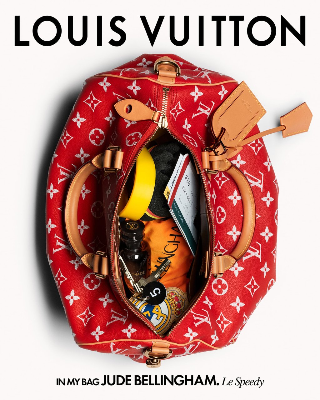 The contents of England and Real Madrid footballer Jude Bellingham’s red Speedy P9 lean into his jet-setter lifestyle. Photo: Handout