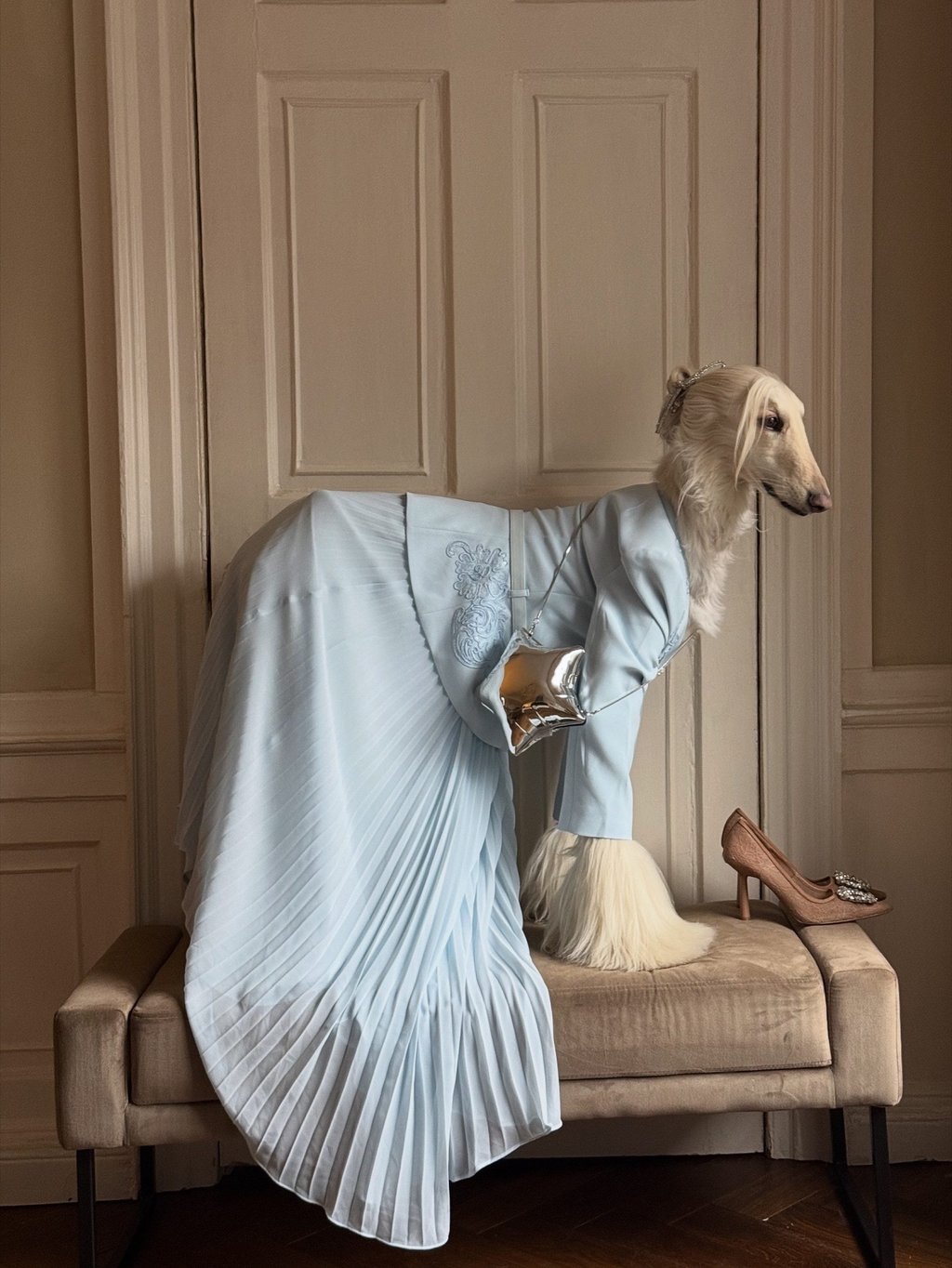 Samantha the Afghan hound often mixes and matches timeless pieces with vintage appeal. Photo: Handout
