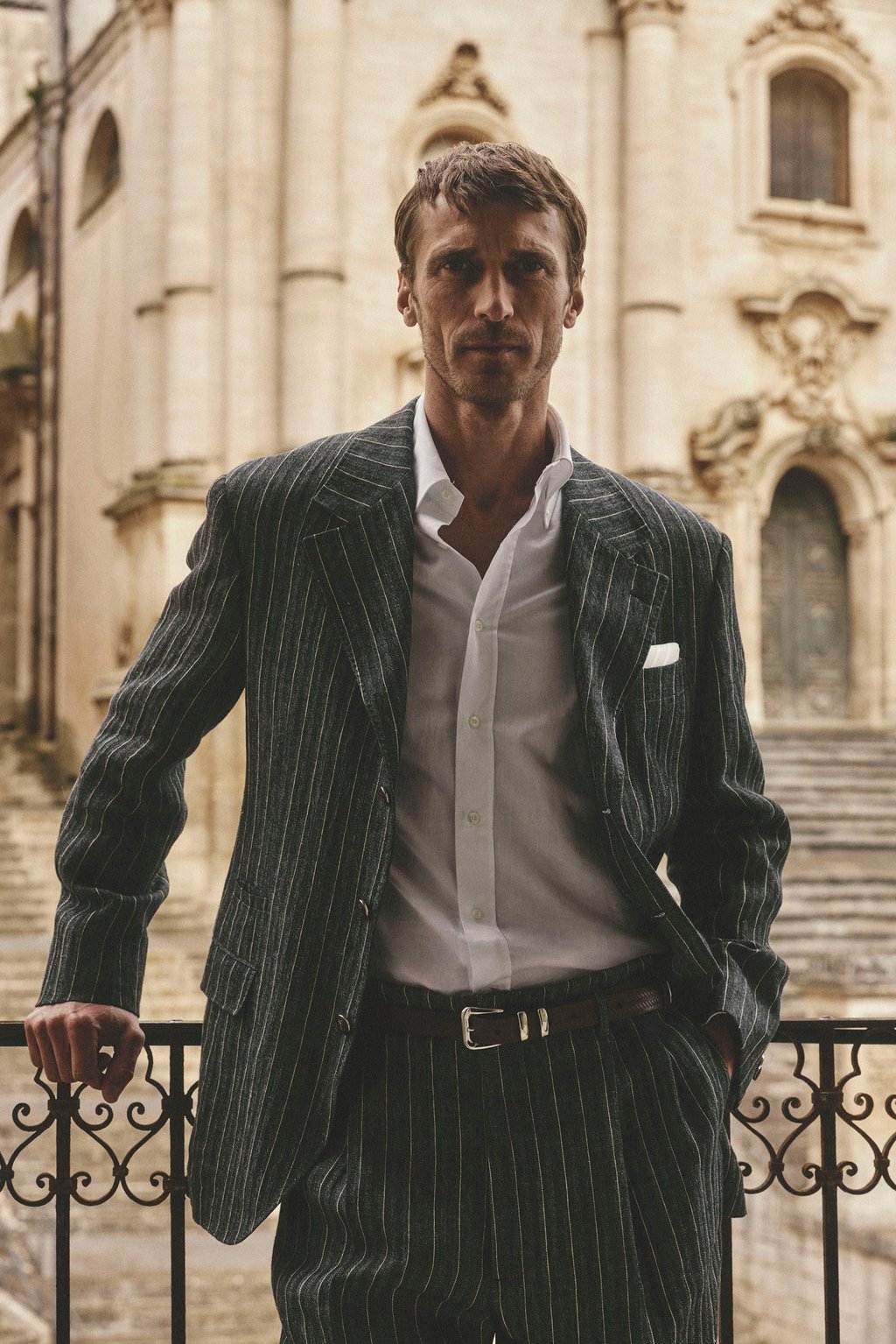 Men’s suiting from Brunello Cucinelli’s Mediterranea line reinterprets the classic pinstripe through the relaxed prism of a Sicilian summer. Photo: Handout