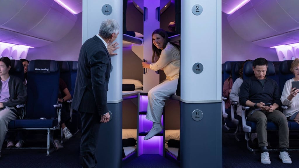 Access to the sleep pods “requires bending, kneeling, crawling or climbing into the space”, the airline says. Photo: Air New Zealand