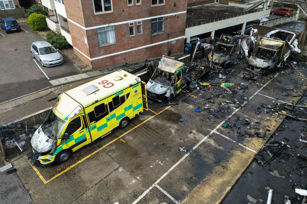 Burnt ambulances in the Golders Green neighbourhood of north London on March 23. Photo: AFP