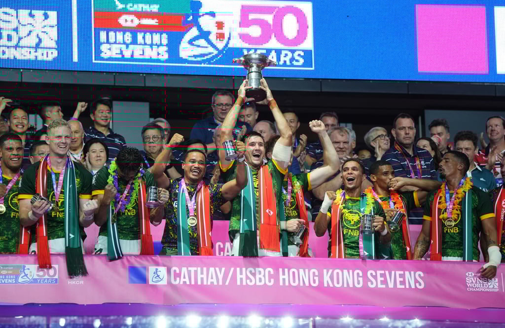 Players of South Africa team celebrate after winning the Men’s Cup Final against Argentina on Day 3 of the Cathay / HSBC Hong Kong Sevens 2026 at Kai Tak Stadium. 19APR26 SCMP / Sam Tsang
