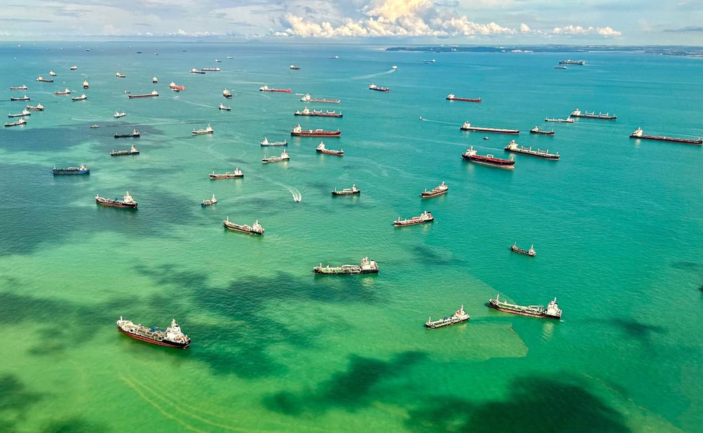 Cargo ships anchored along the Singapore Strait in April 2025. Photo: AFP