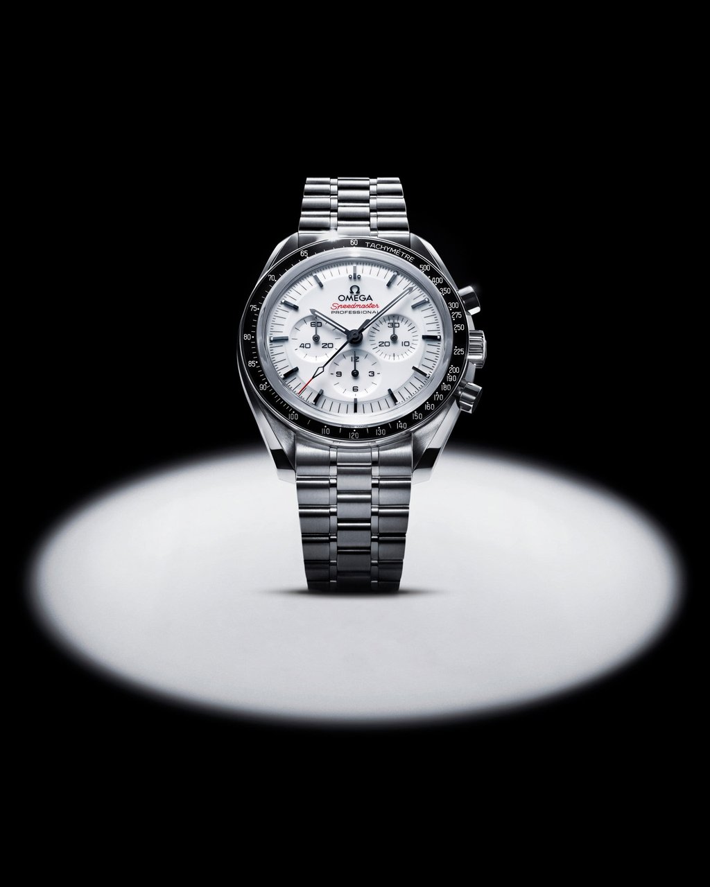 The new Omega Speedmaster Moonwatch with a white lacquer dial. Photo: Handout