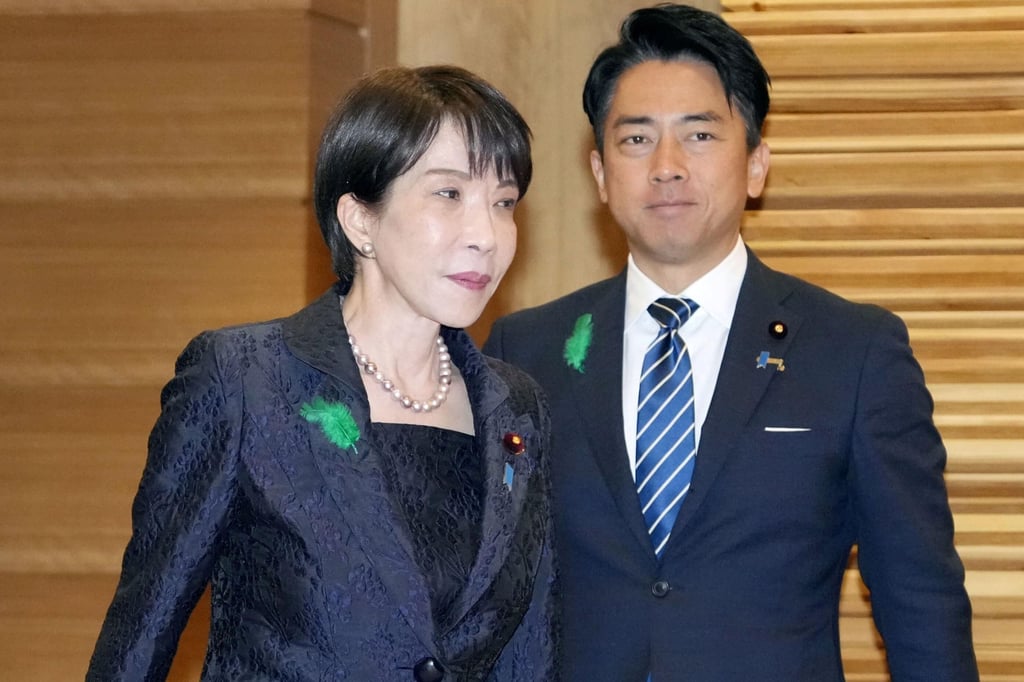 Japan’s Prime Minister Sanae Takaichi and Defence Minister Shinjiro Koizumi arrive at the prime minister’s office for a meeting on Tuesday. No prime minister has visited the Yasukuni shrine since 2013. Photo: AP