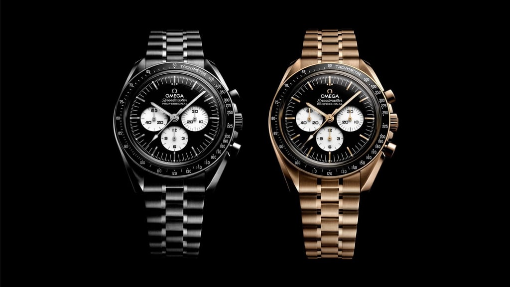 Omega’s stable of Speedmaster watches includes two new “Reverse Panda” pieces. Photo: Handout